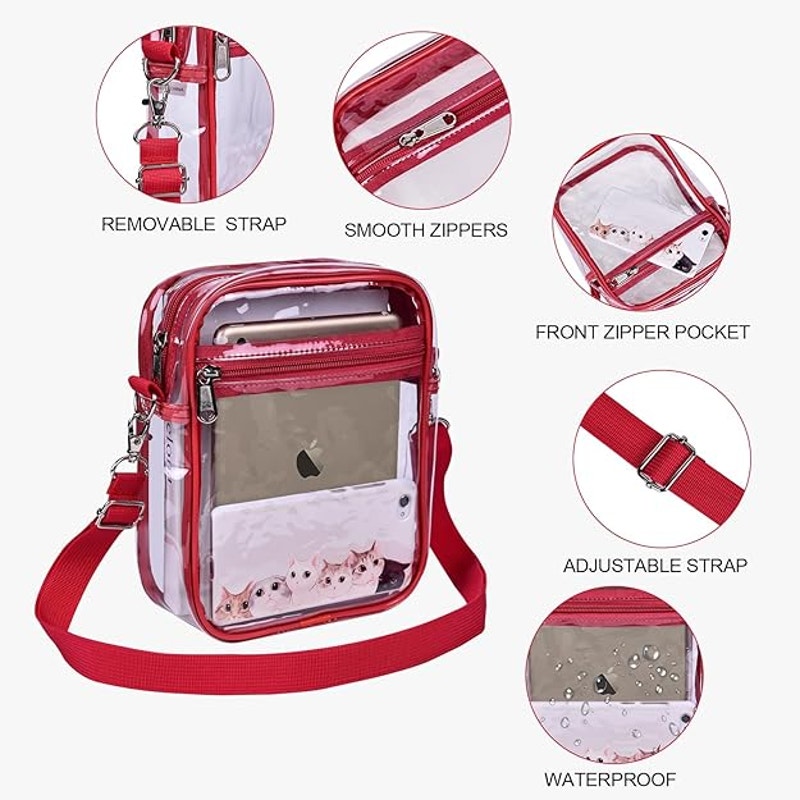 Uspeclare Red Trim Crossbody Zip Closure Clear Stadium Approved Purse Handbag